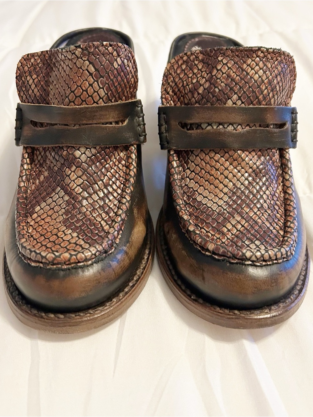 Freebird By Steven Collin’s Brown Mules 8 Leather Snake Embossed Boho Western - Picture 4 of 9